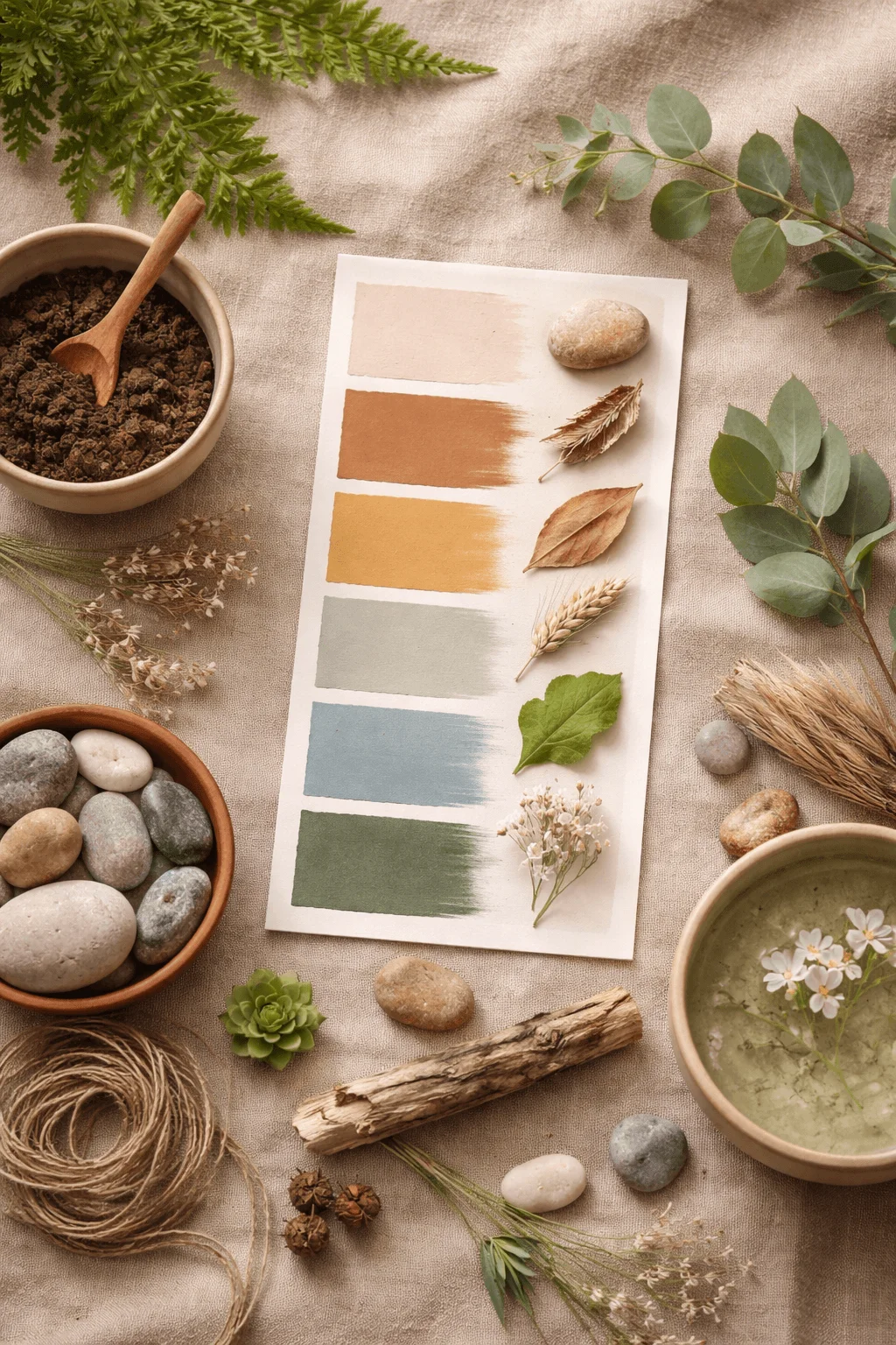 Natural color palette swatches with earthy tones arranged on fabric surrounded by leaves stones soil wood and organic materials representing nature inspired design