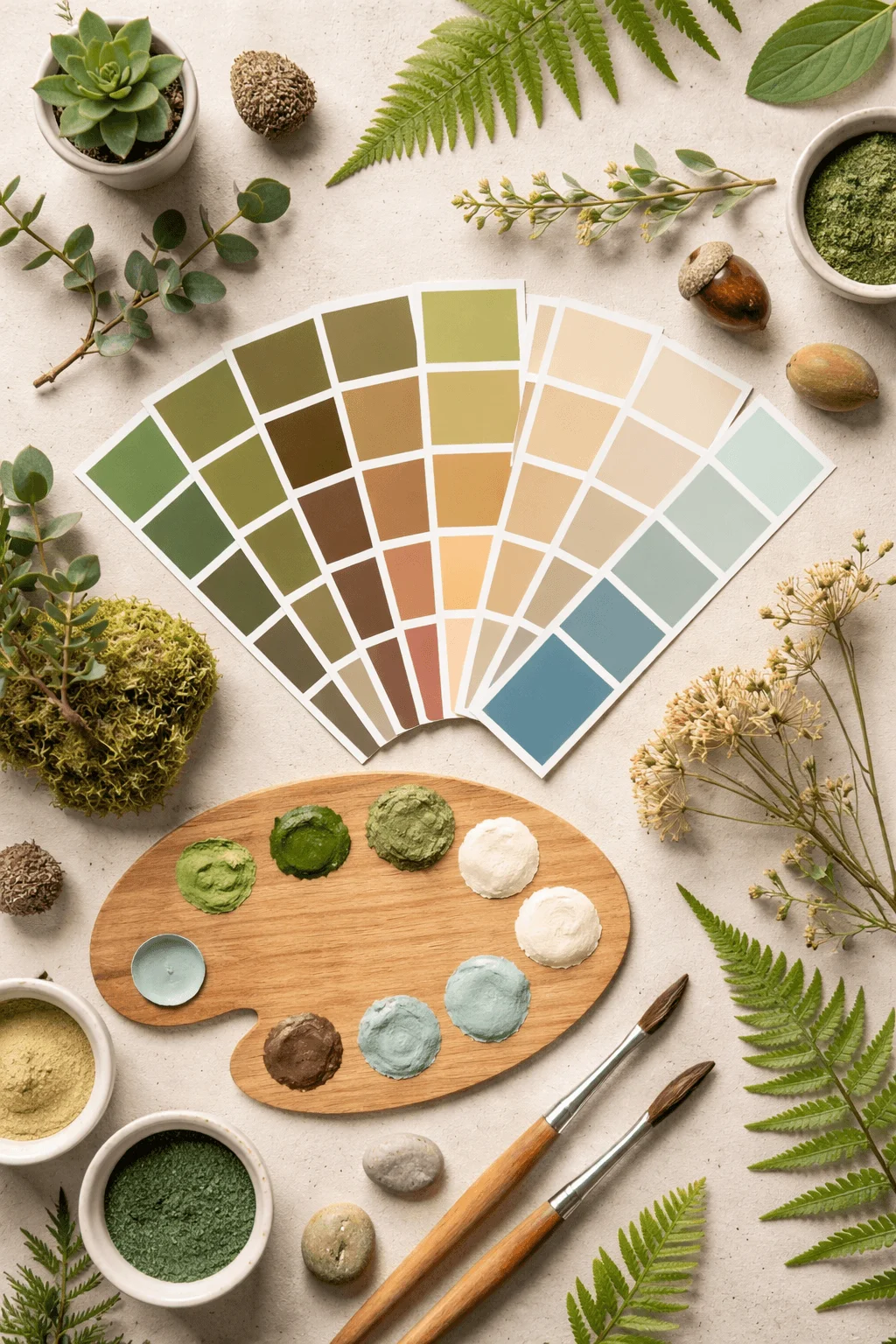 Nature inspired color palette with earthy tones green pigments paint palette brushes and botanical elements arranged on a neutral background