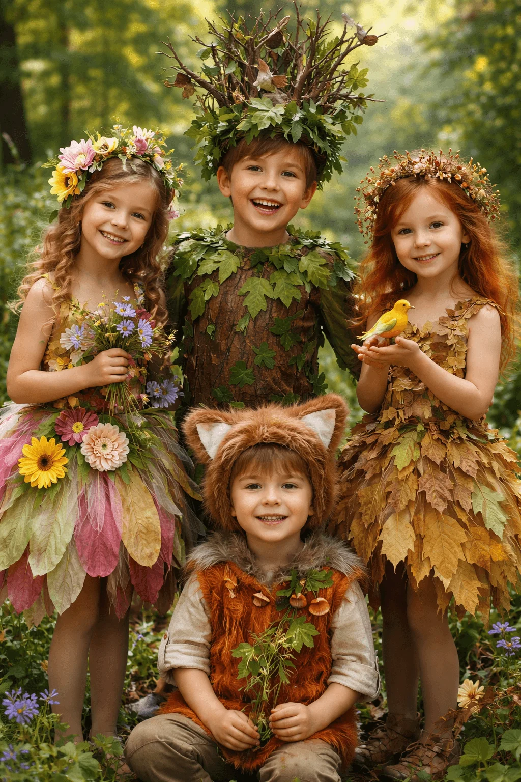 Kids wearing nature inspired outfits made from leaves flowers and natural materials standing outdoors in a forest setting