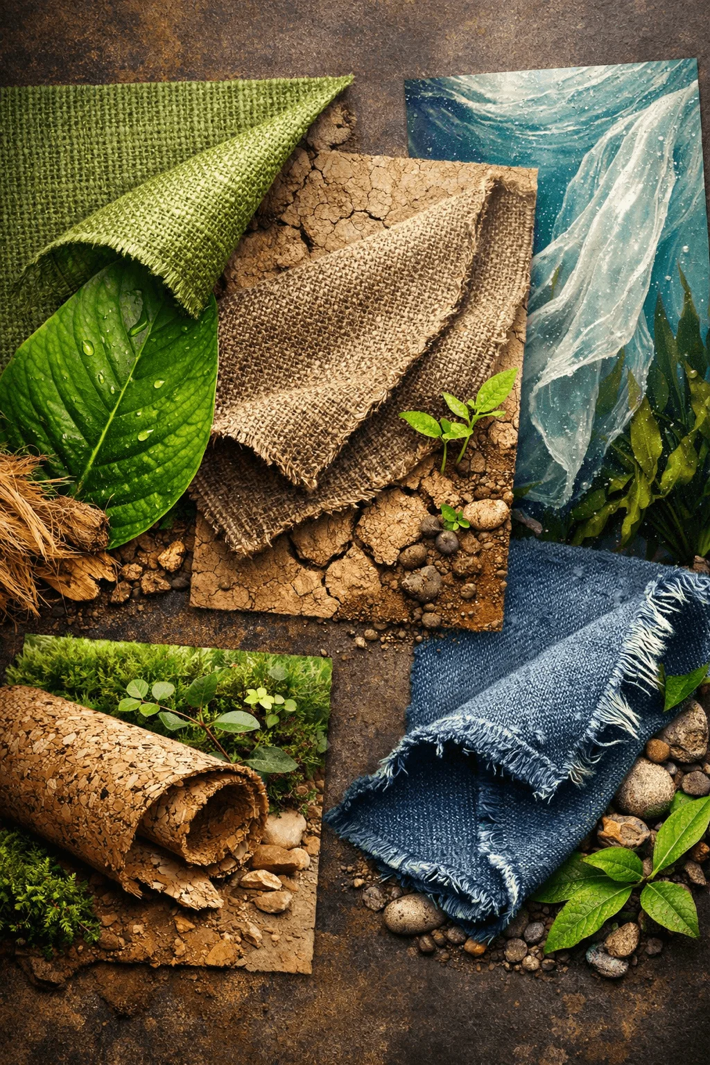 Collage of natural and sustainable materials featuring leaves soil cork jute fabric denim and ocean inspired textures arranged in earthy compositions highlighting eco friendly textile sources