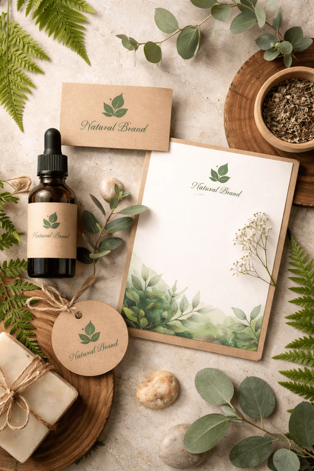 Nature inspired branding layout with eco friendly packaging including dropper bottle soap and stationery featuring leaf motifs surrounded by plants and natural textures