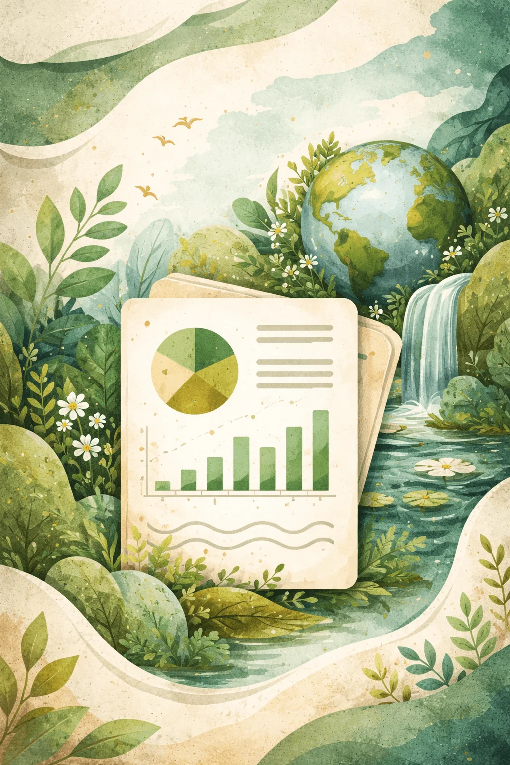 nature inspired sustainability illustration with charts and report elements surrounded by plants globe and flowing water in soft green tones