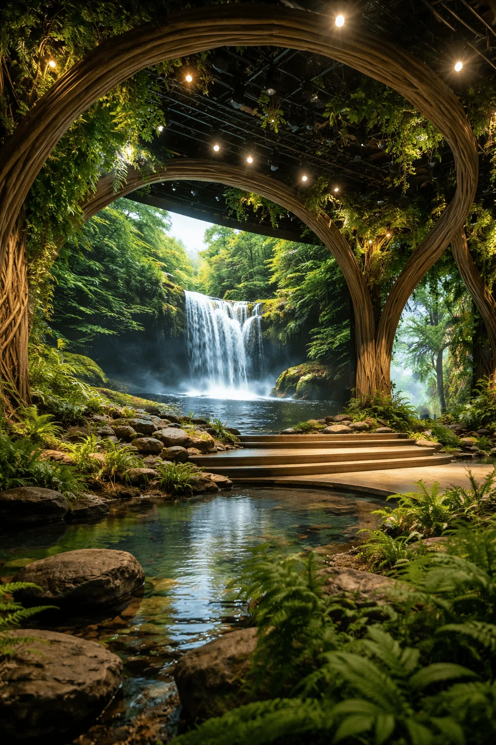 Nature inspired stage with wooden arch structures lush greenery and a stream in the foreground leading to steps and a large LED screen displaying a serene waterfall scene with warm ambient lighting overhead