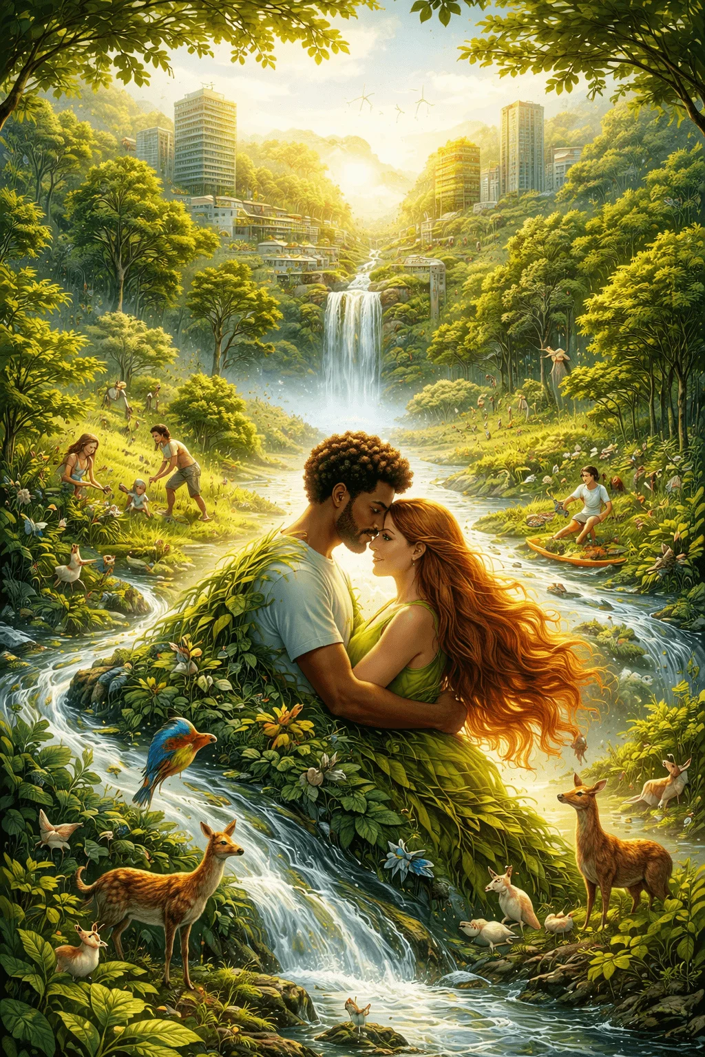 Romantic fantasy illustration of a couple embracing in the center of a lush green valley surrounded by flowing streams animals and flowers with a waterfall and eco friendly city in the distance while people garden and care for nature under warm sunlight