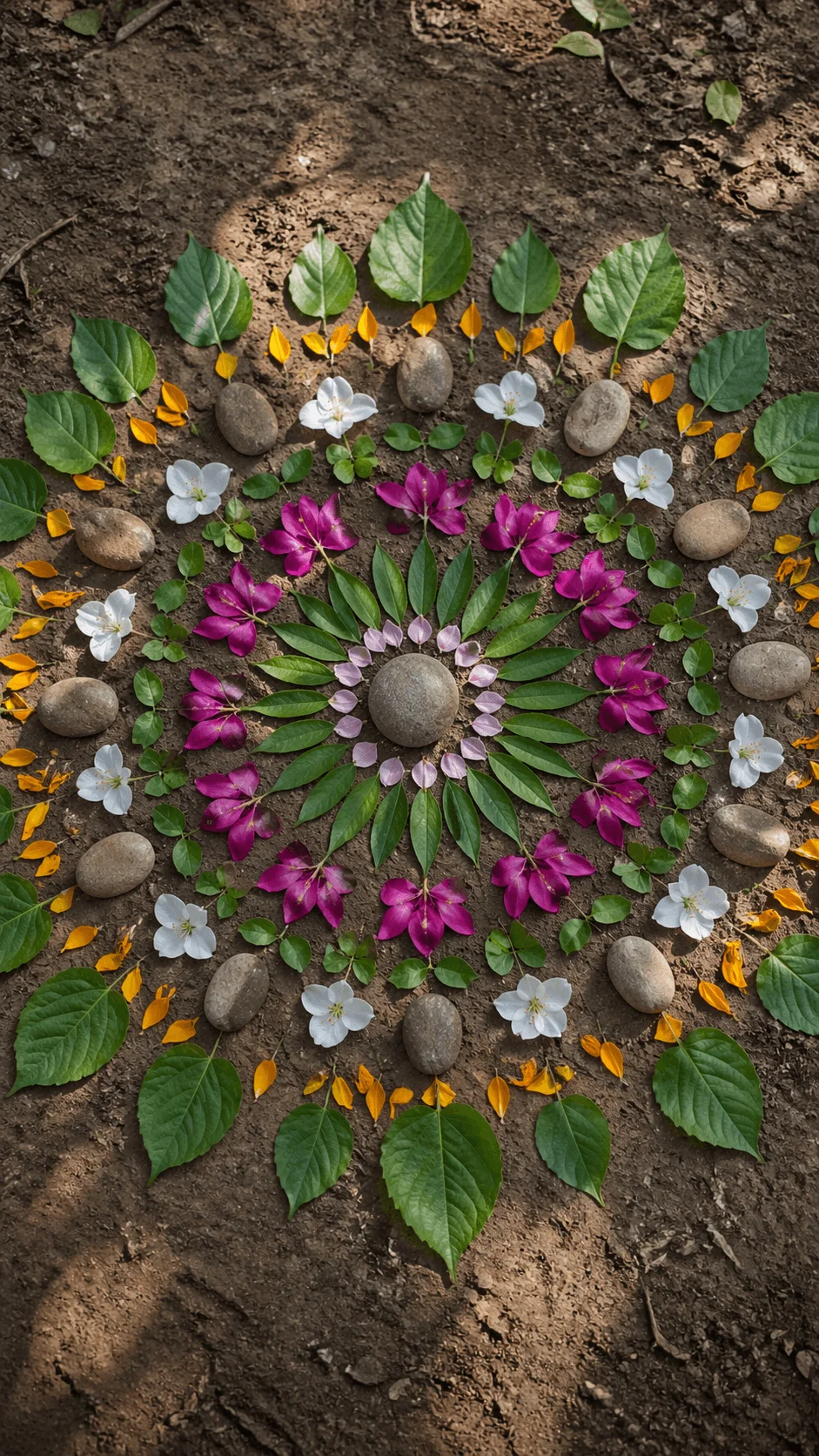 Circular nature mandala made with leaves flowers petals and stones arranged symmetrically on soil