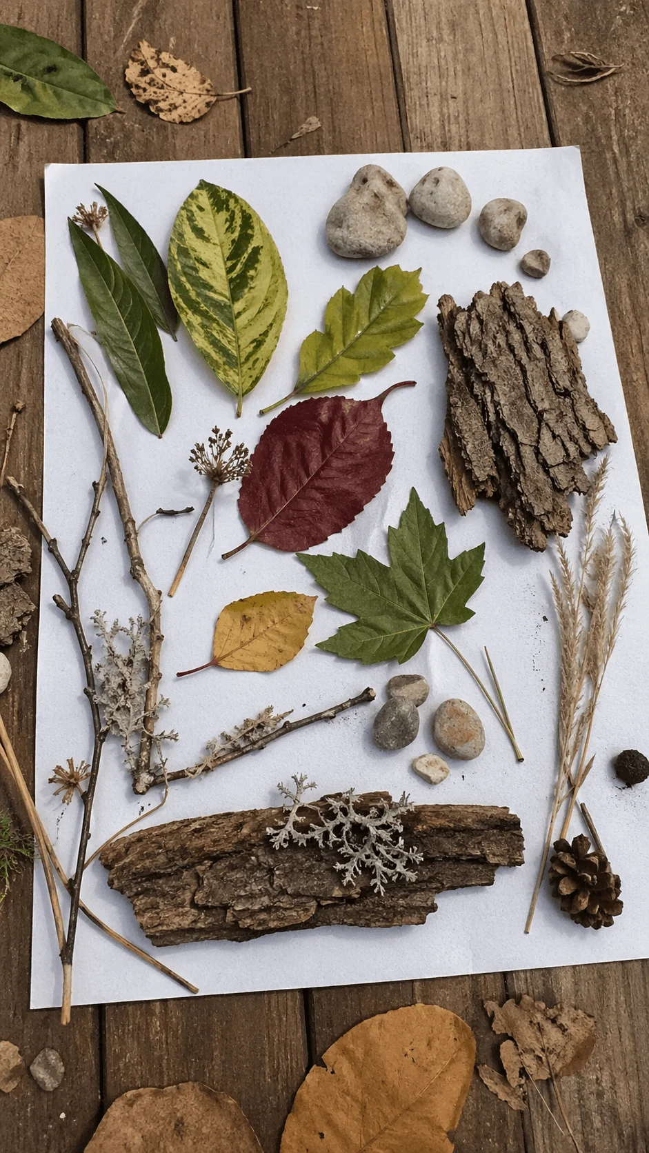 Assorted leaves twigs bark stones and pinecone arranged on white paper to create a nature texture collage on a wooden surface