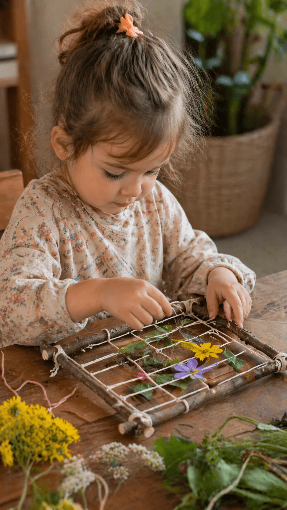Toddler weaving flowers leaves and greenery into a simple stick frame using string to create a nature weaving craft