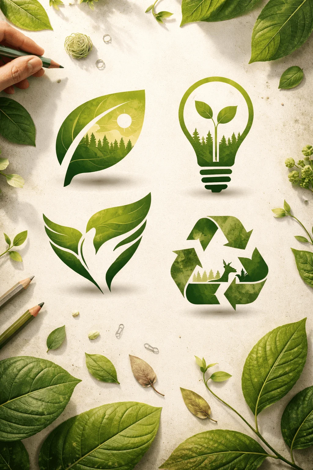 Creative eco logos using negative space including leaf with landscape light bulb with plant wings shaped leaf symbol and recycling icon with forest elements arranged on a natural textured background with scattered leaves and drawing tools