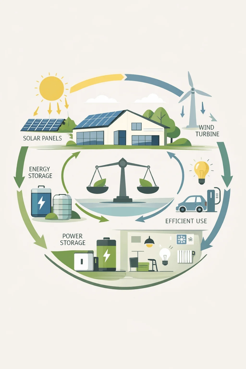 net zero energy system diagram showing house with solar panels wind turbine energy storage power storage efficient energy use and circular flow of renewable energy