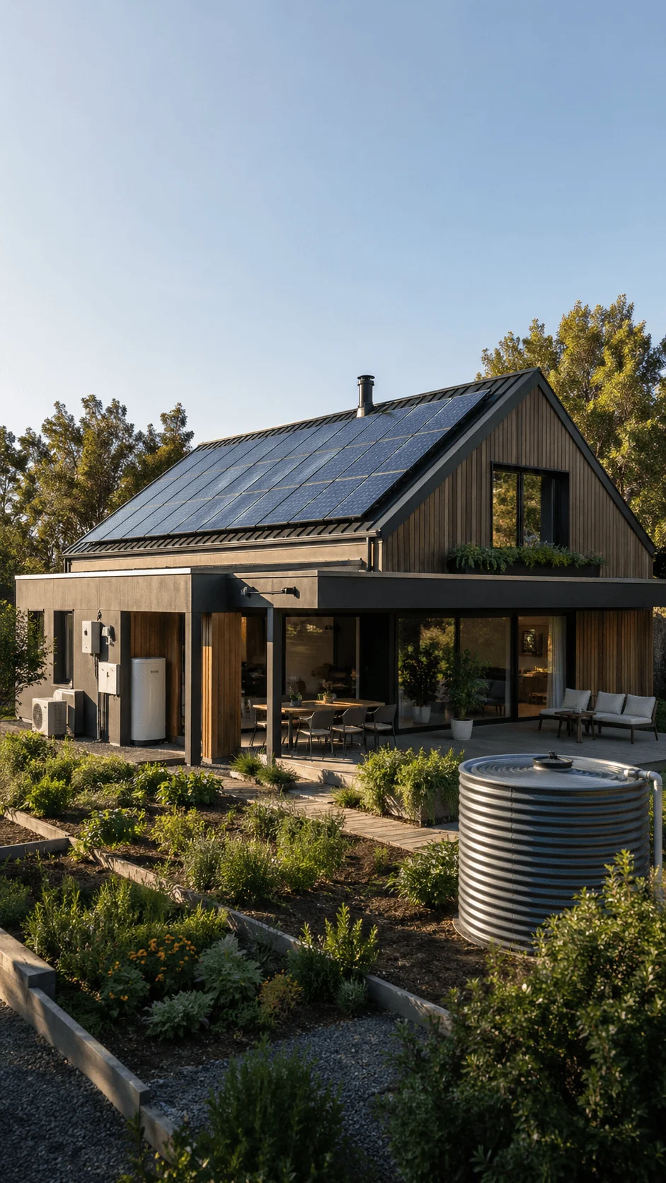 Modern net zero home with solar panels rainwater tank garden beds and energy efficient outdoor living space surrounded by greenery