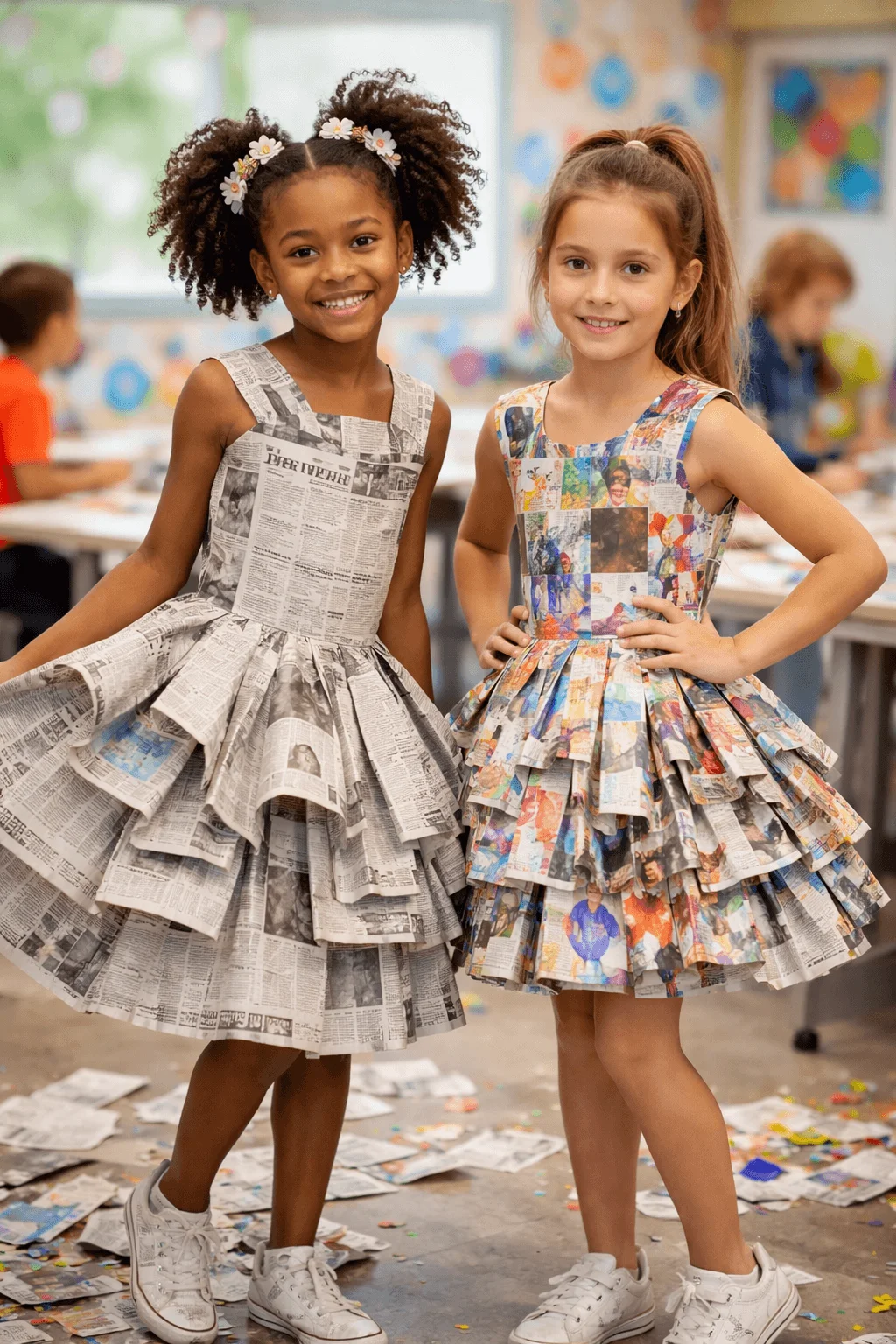 Kids wearing dresses made from recycled newspapers and magazines standing in a classroom setting