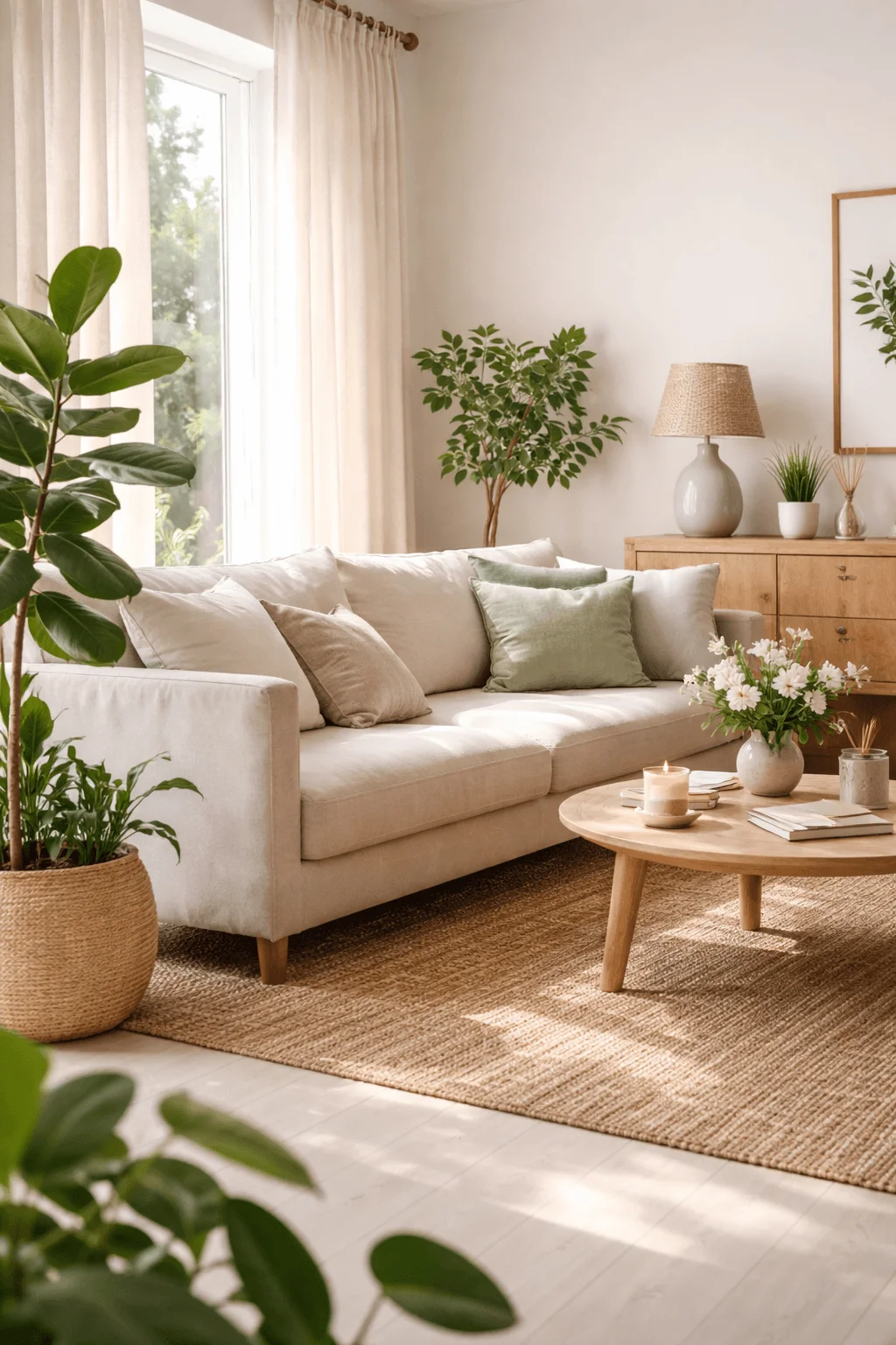 Bright minimalist living room with neutral tones soft sofa wooden furniture indoor plants natural light and clean decor creating a calm healthy interior space