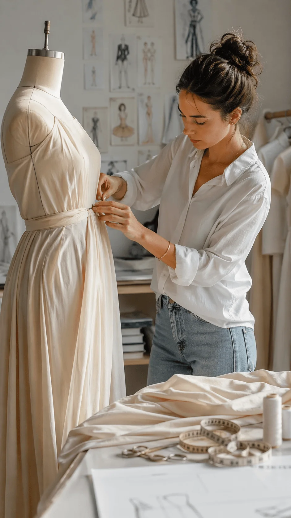 Designer adjusting a custom dress on a mannequin in a studio with sewing tools and fabric highlighting on demand and made to measure fashion design