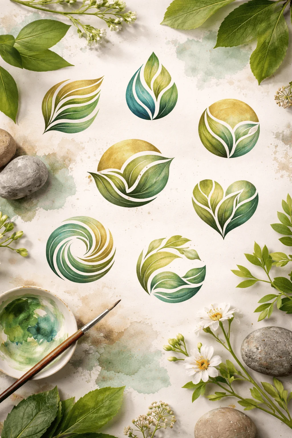 Set of green watercolor leaf inspired logo designs in circular and abstract shapes arranged on textured paper with paintbrush palette stones leaves and small flowers creating a natural artistic workspace scene