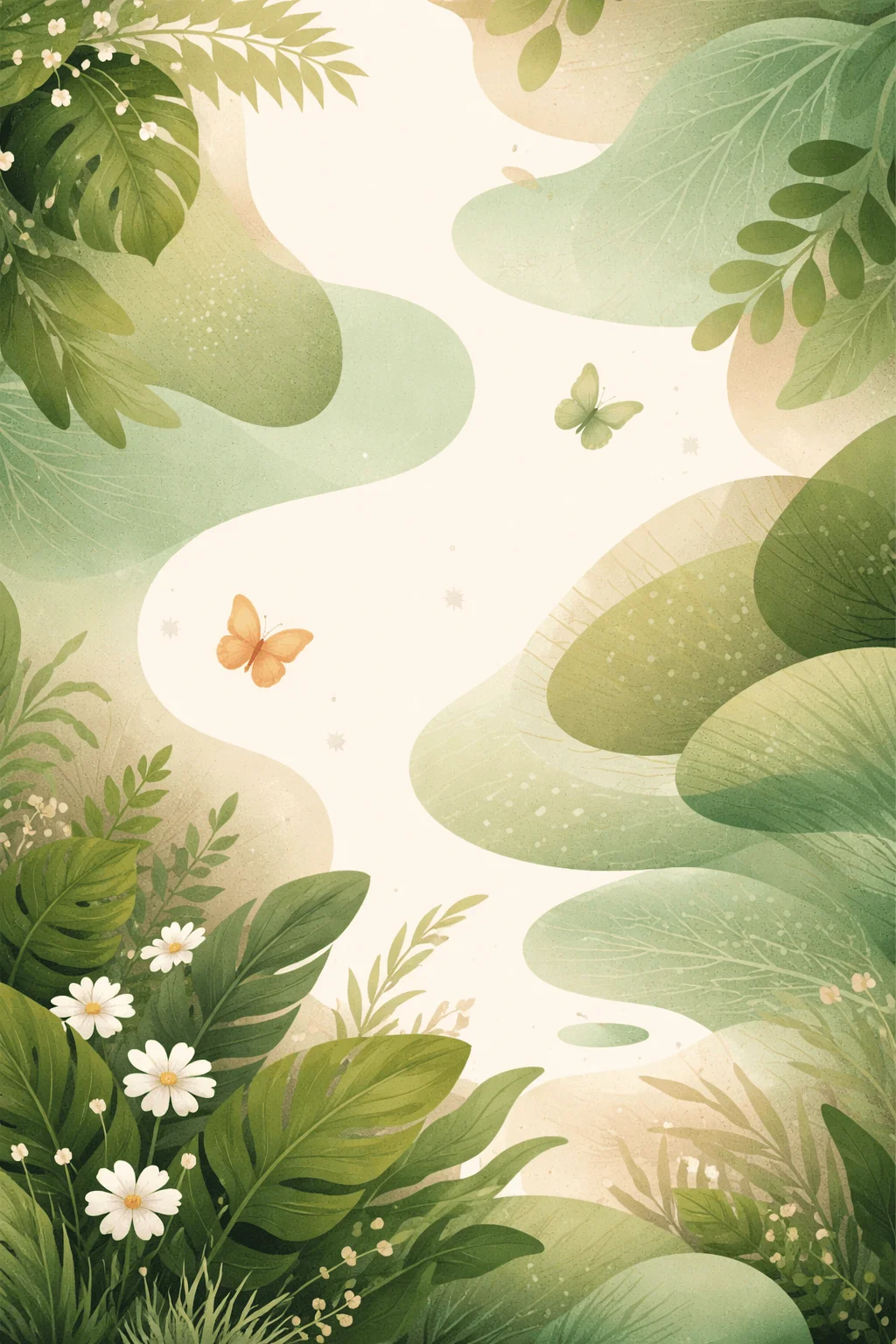 Abstract nature inspired background with flowing organic shapes green leaves flowers and butterflies creating soft eco themed visual design