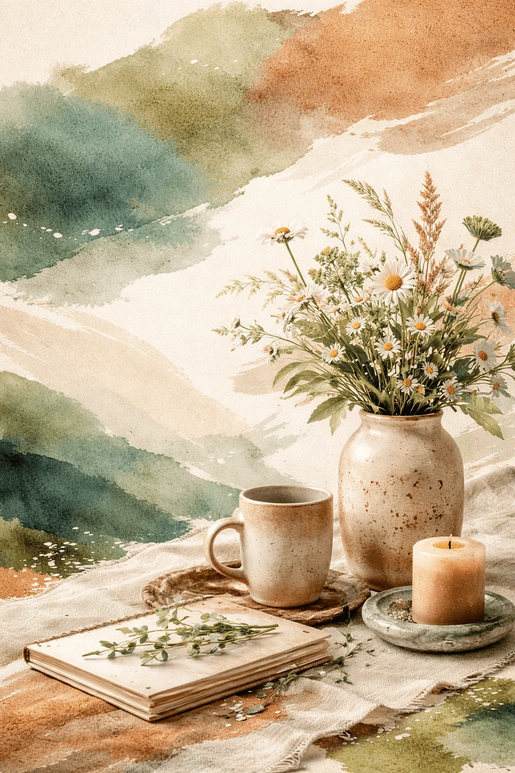 Artistic still life with ceramic vase of wildflowers coffee cup candle and notebook set against a soft watercolor background in earthy green beige and terracotta tones creating a natural imperfect aesthetic