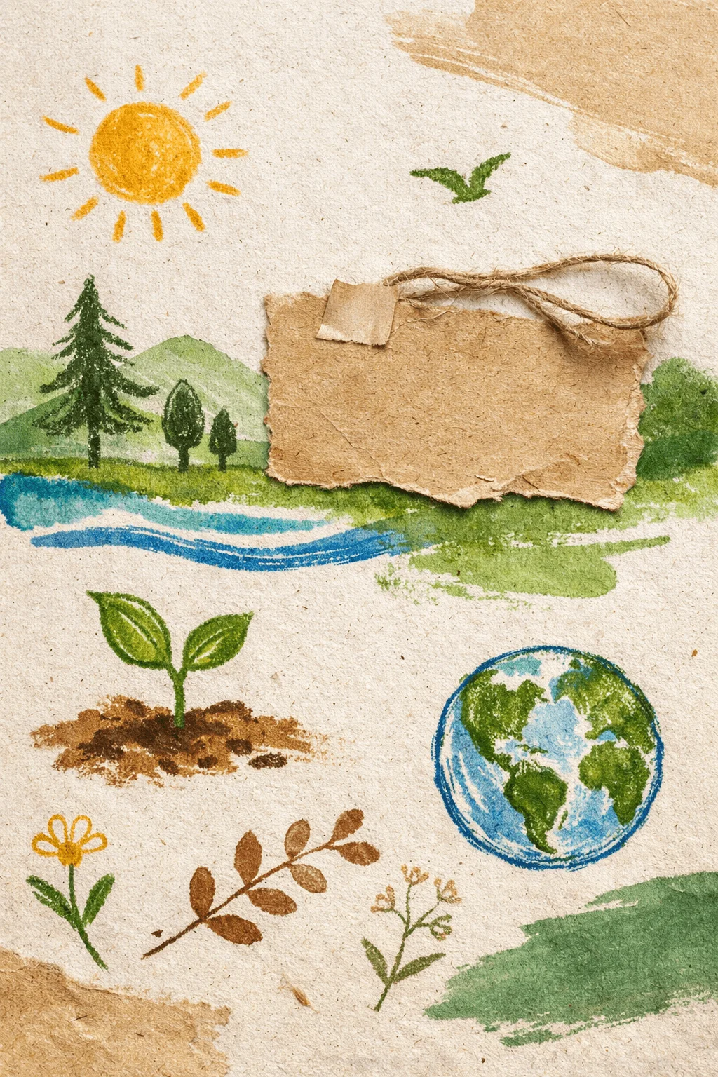 Hand drawn eco themed illustration on textured paper featuring sun trees river sprouting plant globe and floral elements with a blank recycled paper tag attached by string