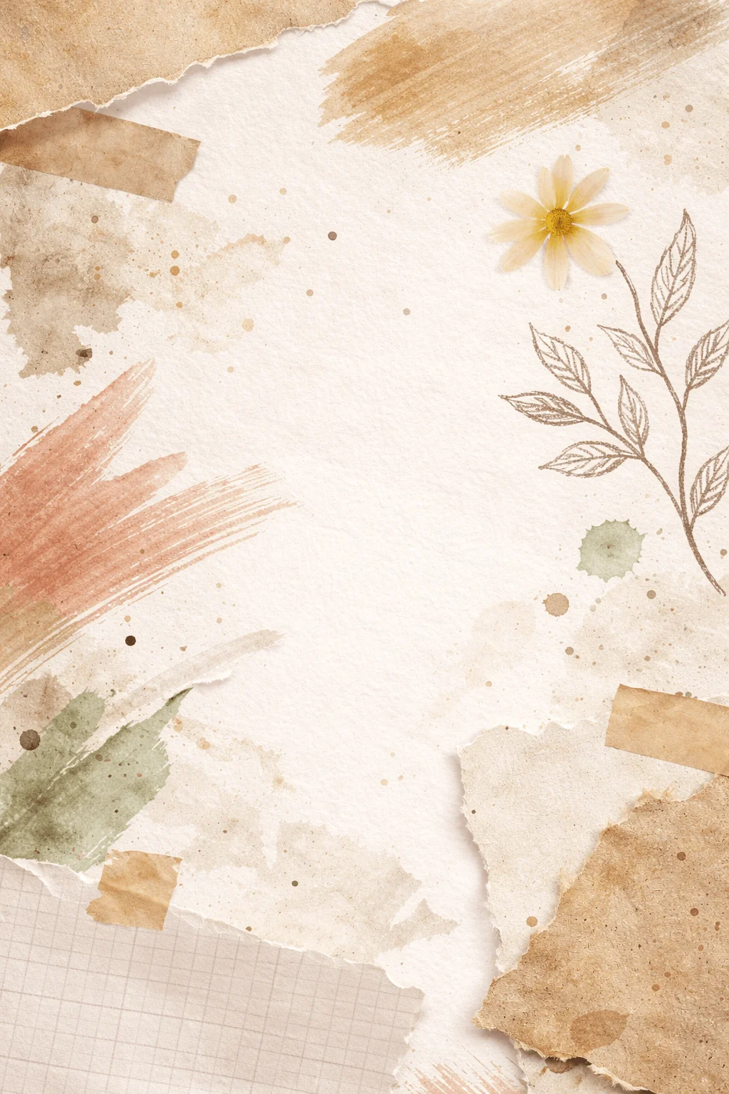 Soft neutral background with torn paper textures watercolor brush strokes tape pieces and a delicate flower with hand drawn leaves creating a natural organic aesthetic