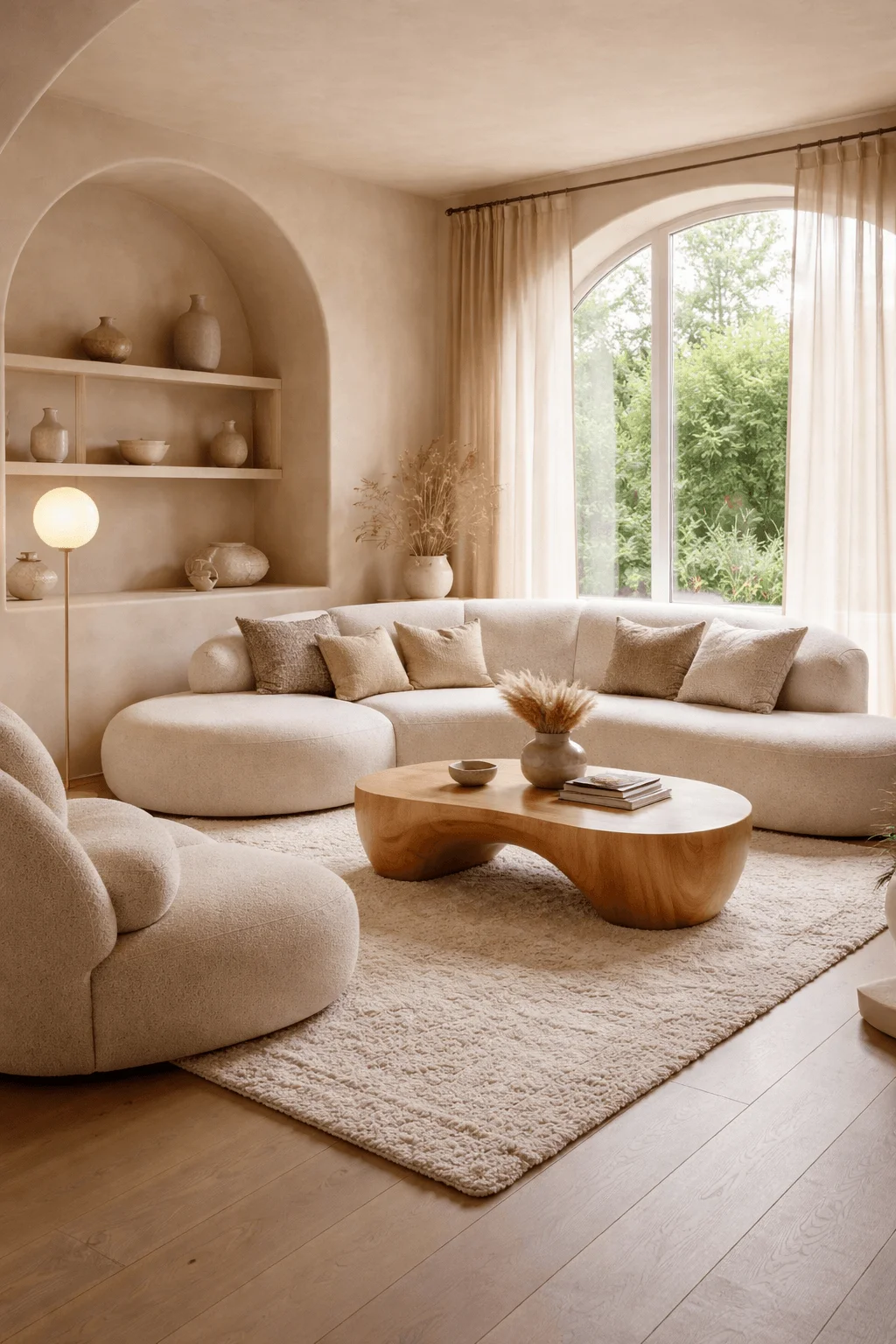 Soft organic living room with curved sofa rounded wooden coffee table neutral tones textured rug arched wall niches and natural light creating a calm harmonious interior
