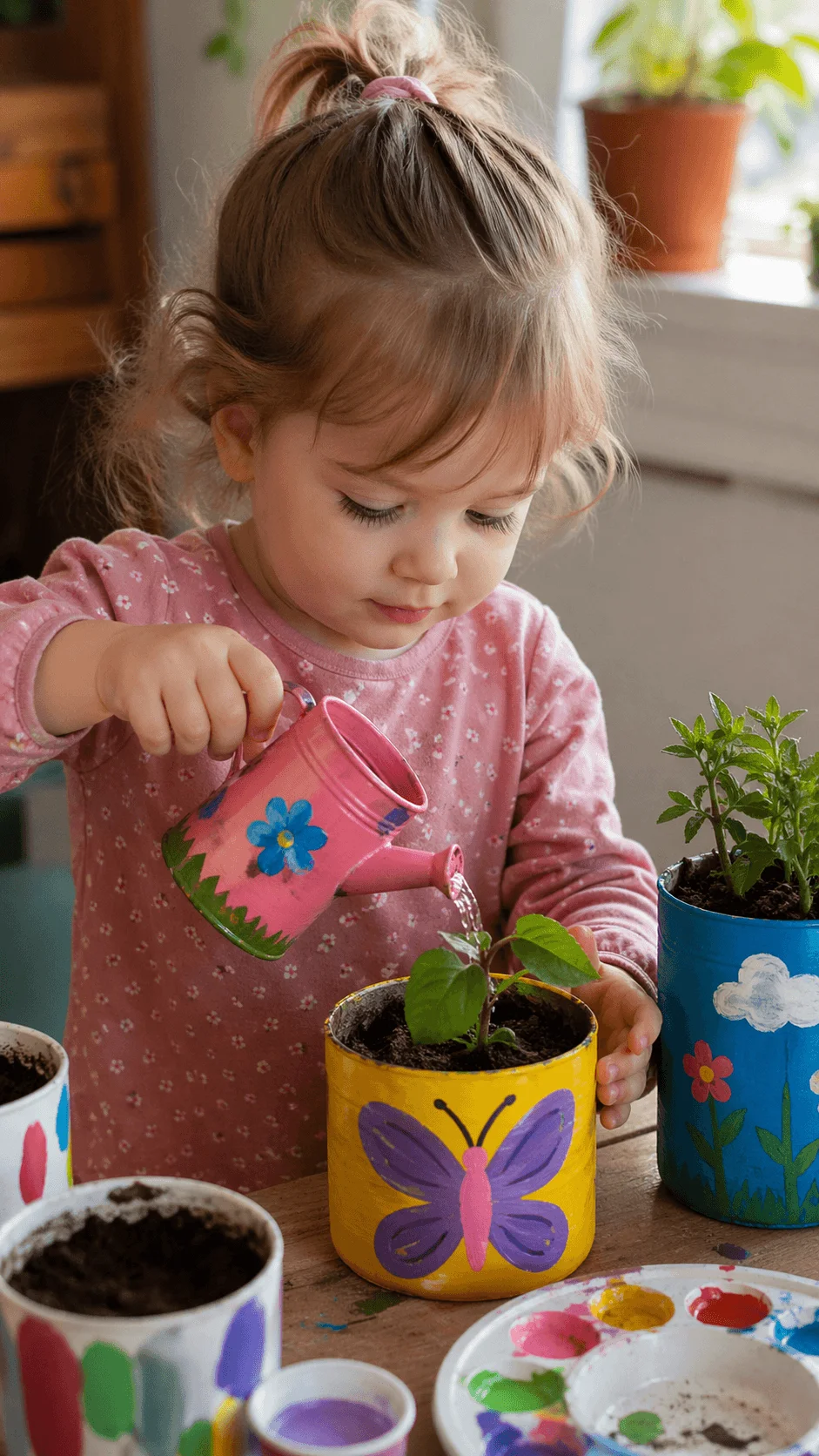 Toddler watering a small plant in a hand painted pot with colorful designs while sitting at a table with other painted pots and art supplies