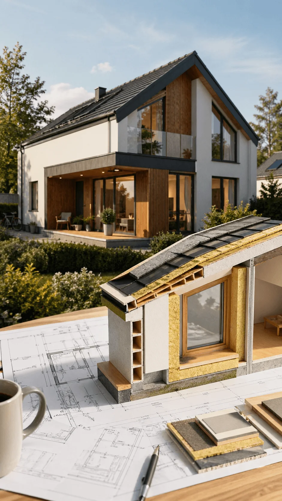 Architectural model of energy efficient house showing insulation layers placed on blueprints with modern home in background and materials samples on table