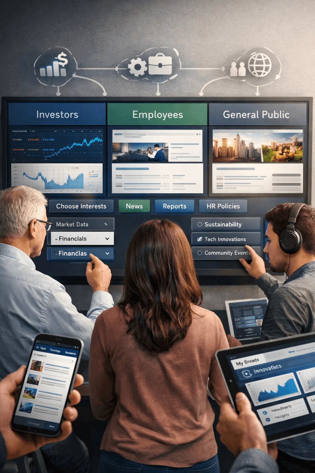 personalized digital dashboard for investors employees and general public showing selectable interests reports and sustainability topics across multiple devices