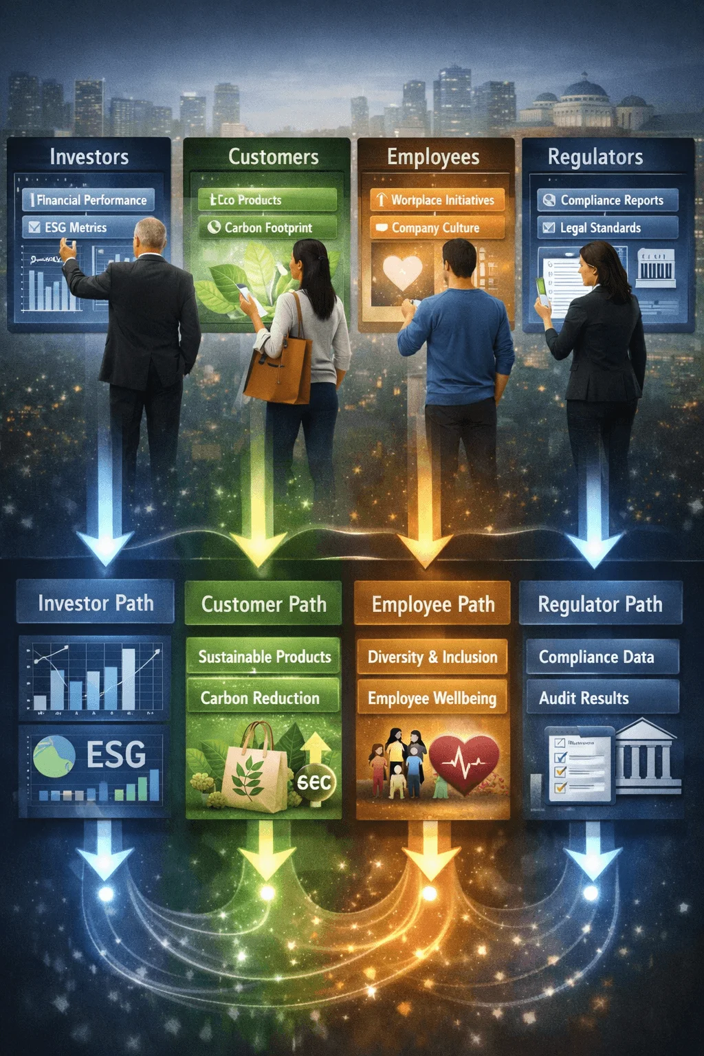 Illustration showing personalized ESG user journeys for investors customers employees and regulators with pathways highlighting financial performance sustainable products workplace initiatives and compliance data