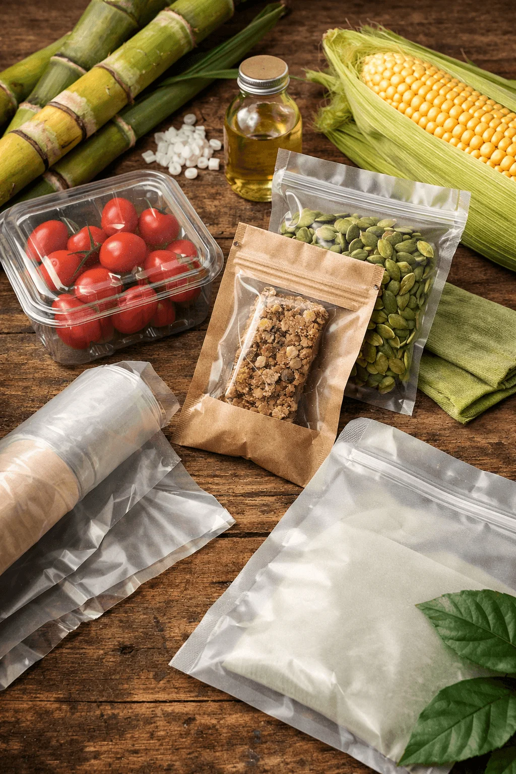 Plant based bioplastic food packaging with resealable bags fresh produce and natural materials on a wooden surface