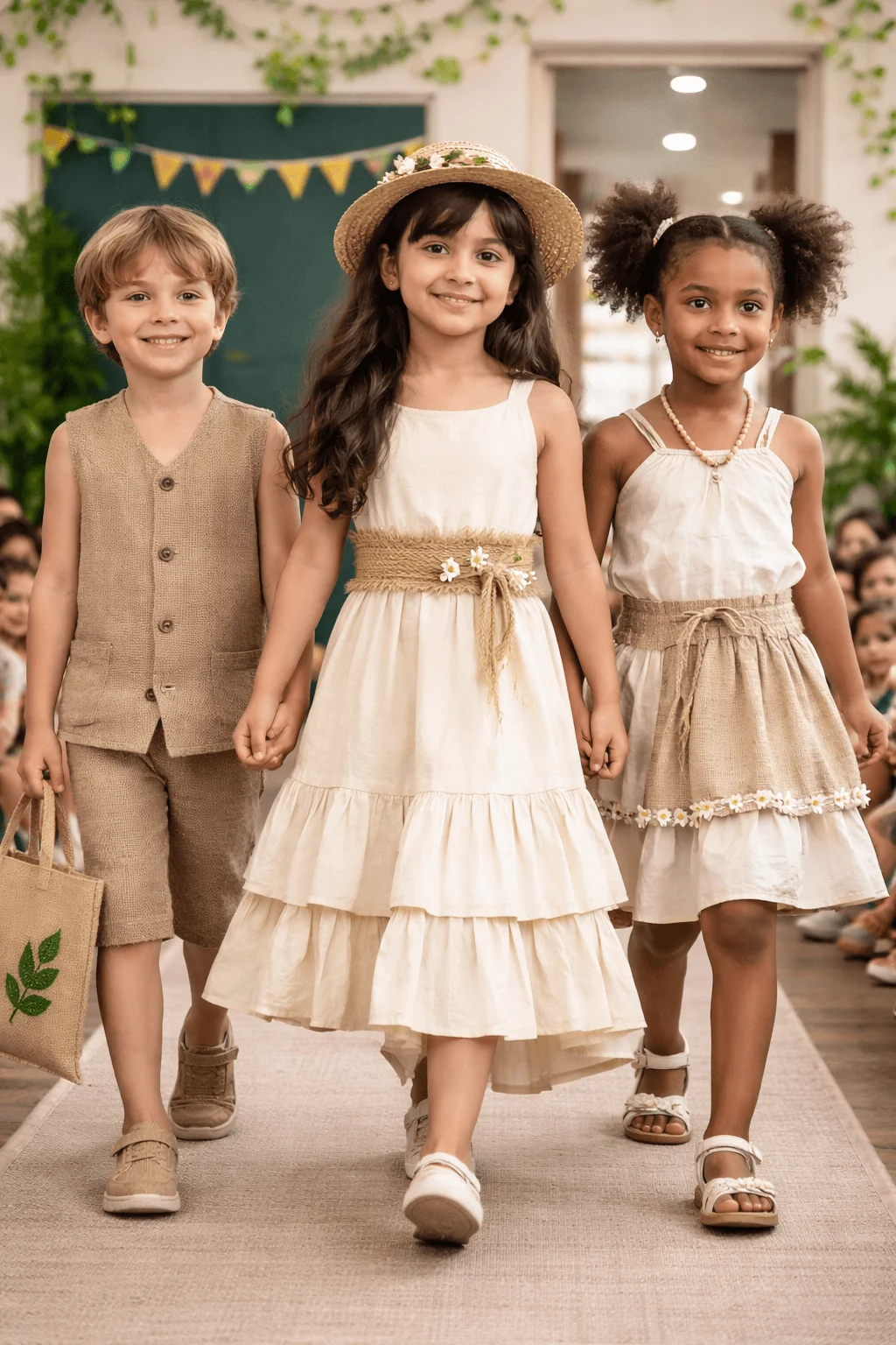 Three children walk down a runway wearing light natural fiber clothing with earthy tones and simple accessories in a fashion show setting