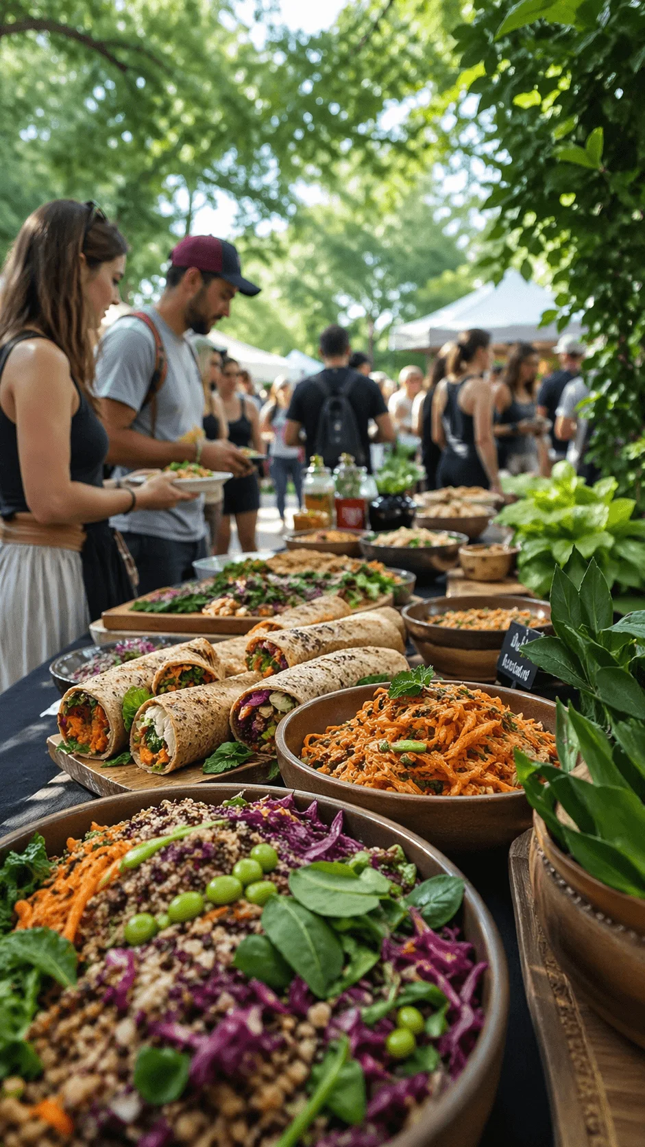 People enjoying plant based dishes at an outdoor food event with fresh healthy meals and eco friendly dining setup