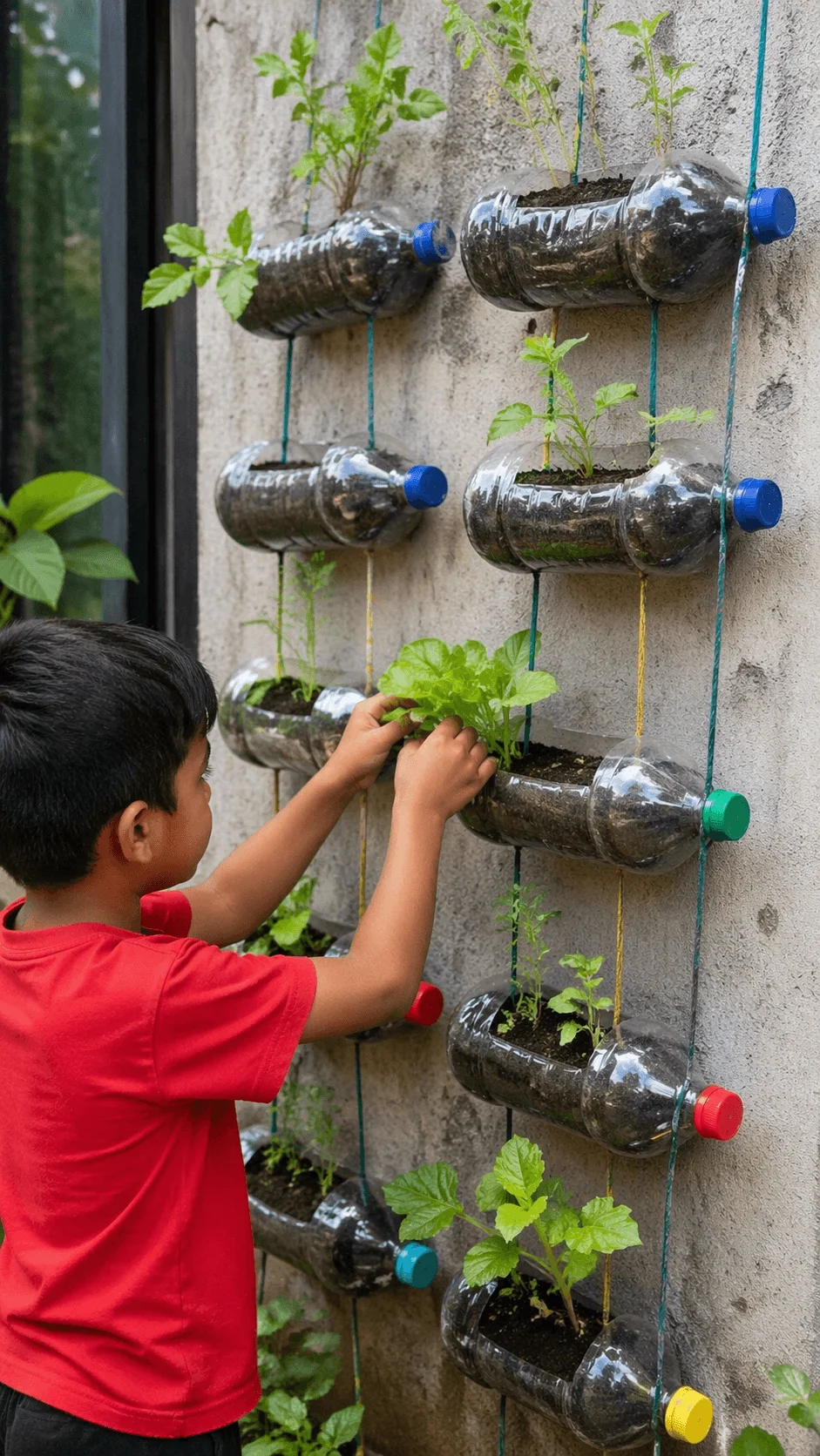 A young boy tending a vertical garden made from recycled plastic bottles mounted on a wall with small green plants growing in each container