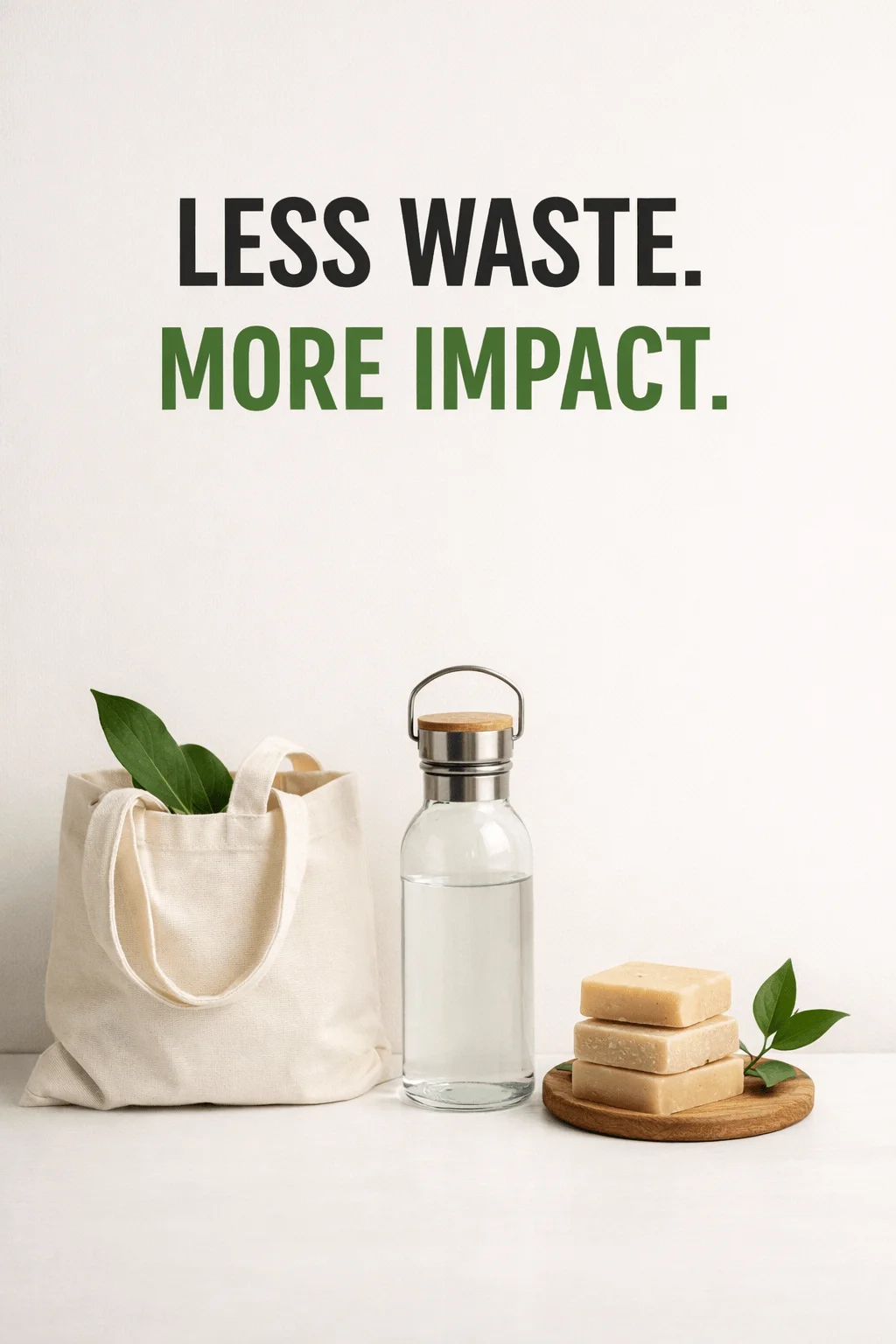 Minimalist eco message poster with text less waste more impact above reusable items including cloth bag glass water bottle and natural soap on a clean background