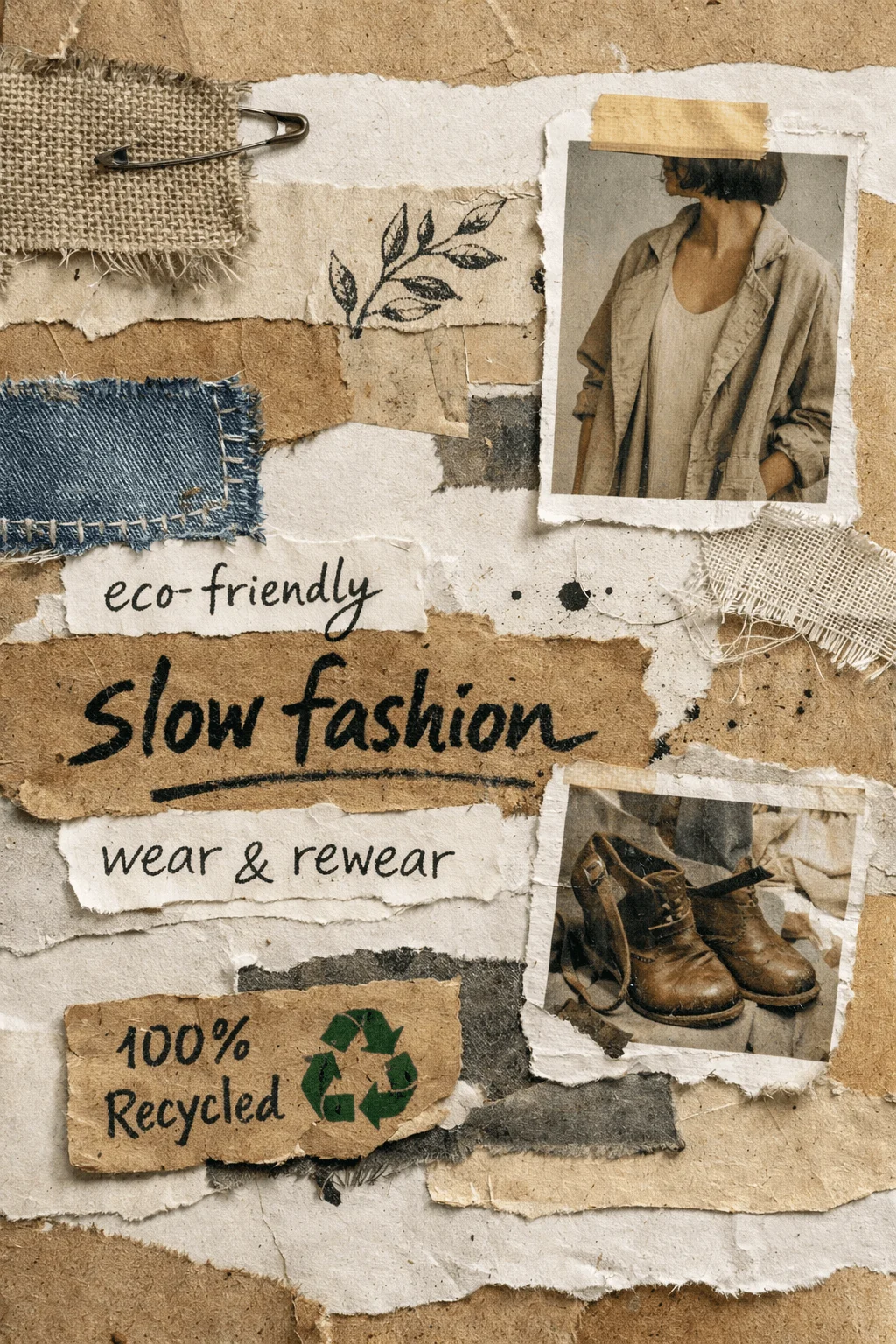 Collage style eco friendly slow fashion poster with torn paper textures fabric patches safety pin and photos of a model in neutral clothing and worn leather boots with text wear and rewear and 100 percent recycled symbol