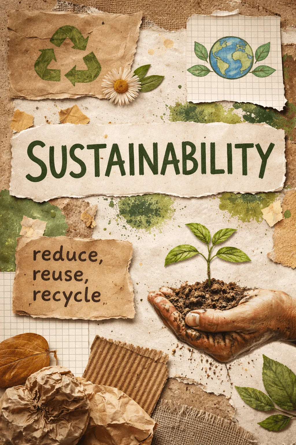 Rustic collage style sustainability poster with torn paper textures recycled materials leaves and earthy elements featuring the word sustainability along with reduce reuse recycle text and a hand holding soil with a small plant