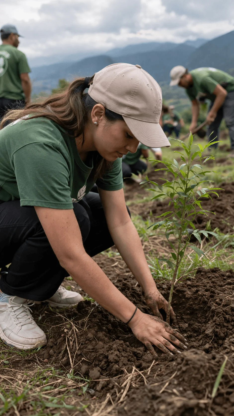 Person planting a young tree in soil with volunteers working in the background in a natural outdoor setting