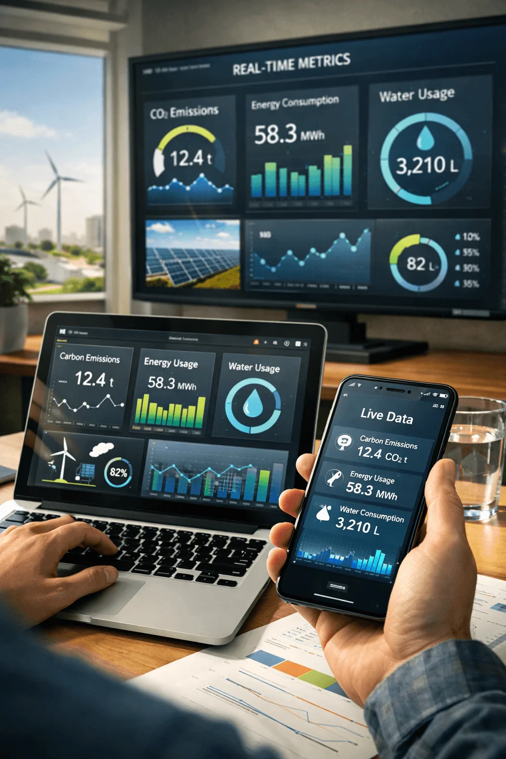 Person monitoring real time sustainability metrics on laptop smartphone and large screen dashboard showing carbon emissions at 12.4 tons energy consumption at 58.3 MWh and water usage at 3210 liters with charts and renewable energy visuals in the background