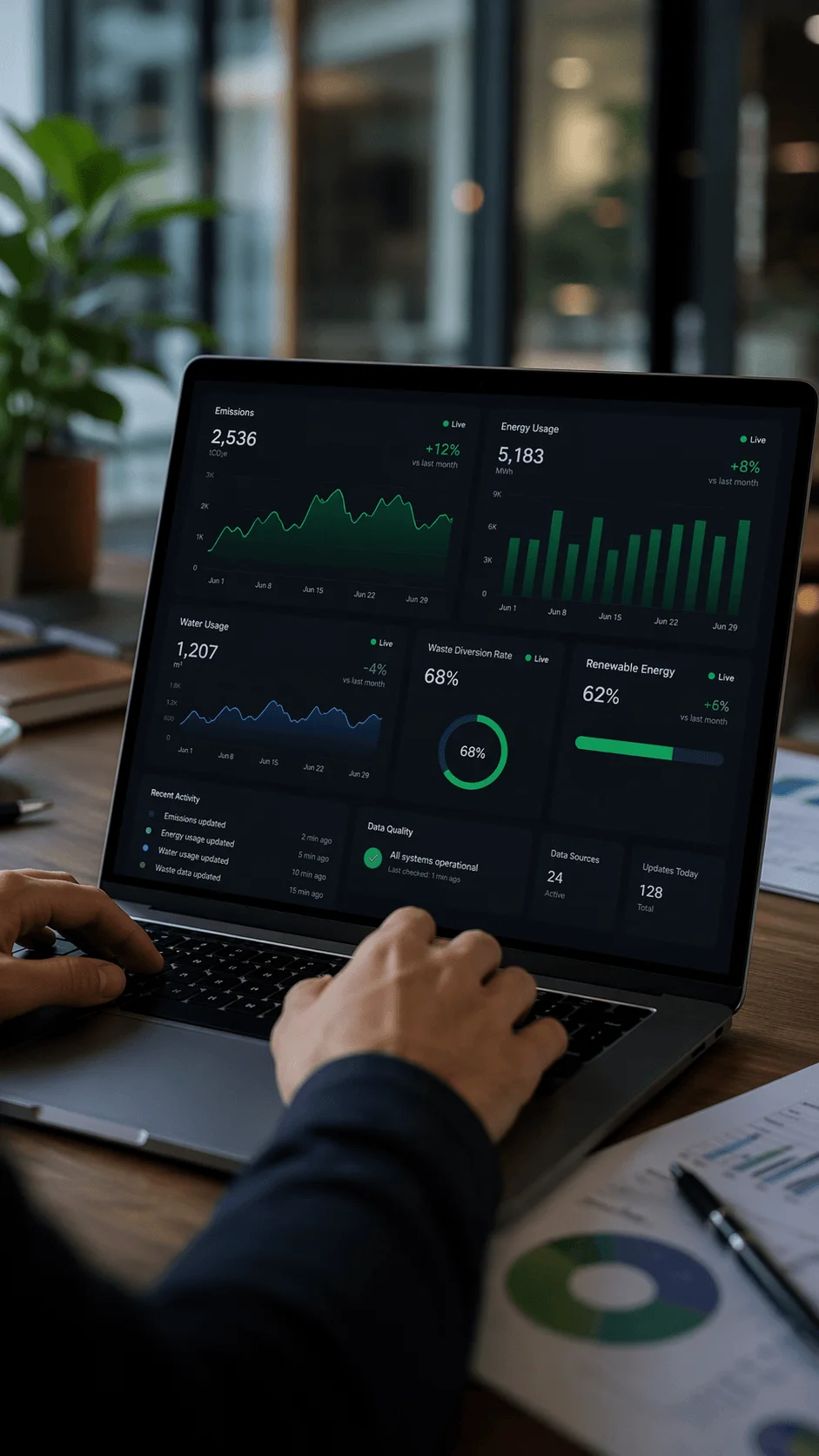 real time sustainability dashboard on laptop showing emissions energy usage water consumption and renewable metrics with live updates