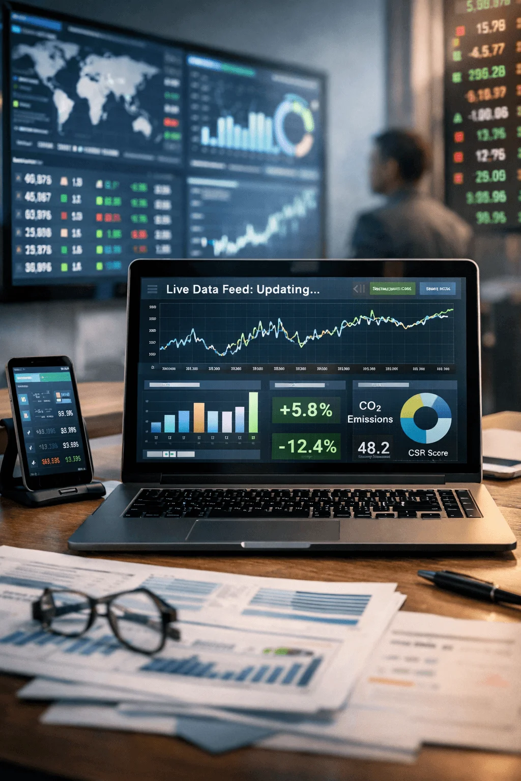 Laptop displaying a live data feed dashboard with real time charts graphs CO2 emissions metrics and performance indicators alongside a smartphone and large screens in the background showing financial and analytical data updates