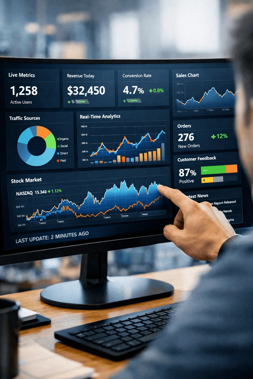 Person interacting with a desktop monitor displaying real time analytics dashboard with live metrics charts traffic sources stock market trends and performance data in a modern interface