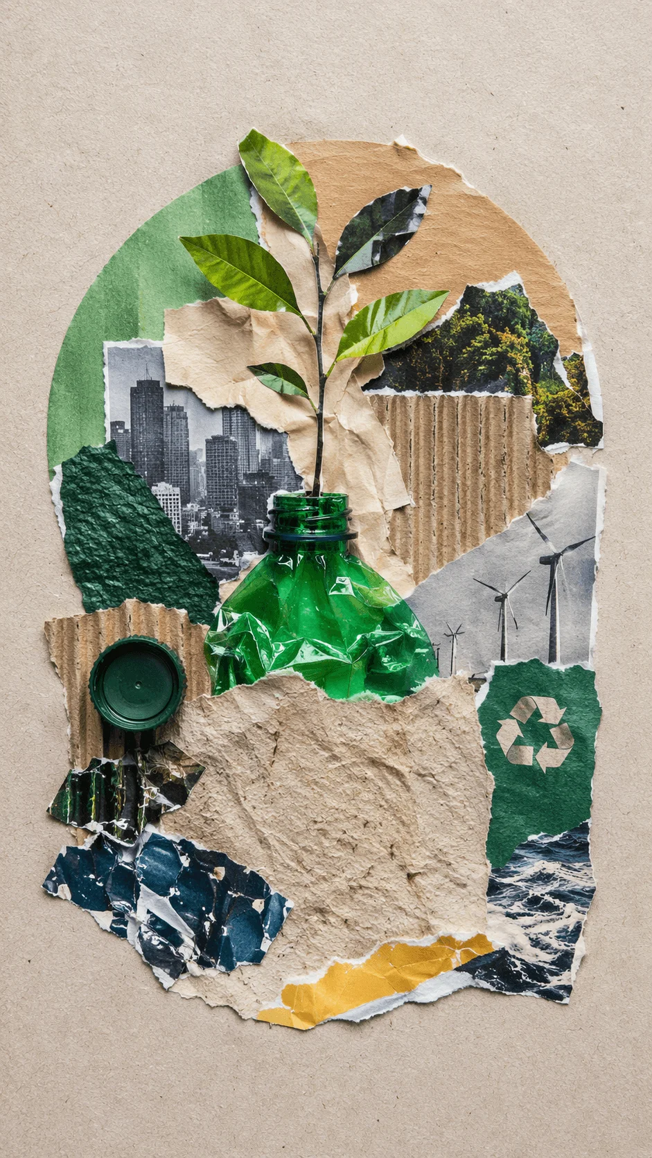 Mixed media collage illustration made from torn paper and recycled materials featuring a green plastic bottle with a growing plant surrounded by textures of cardboard cityscape wind turbines ocean waves and recycling symbols in an eco themed composition