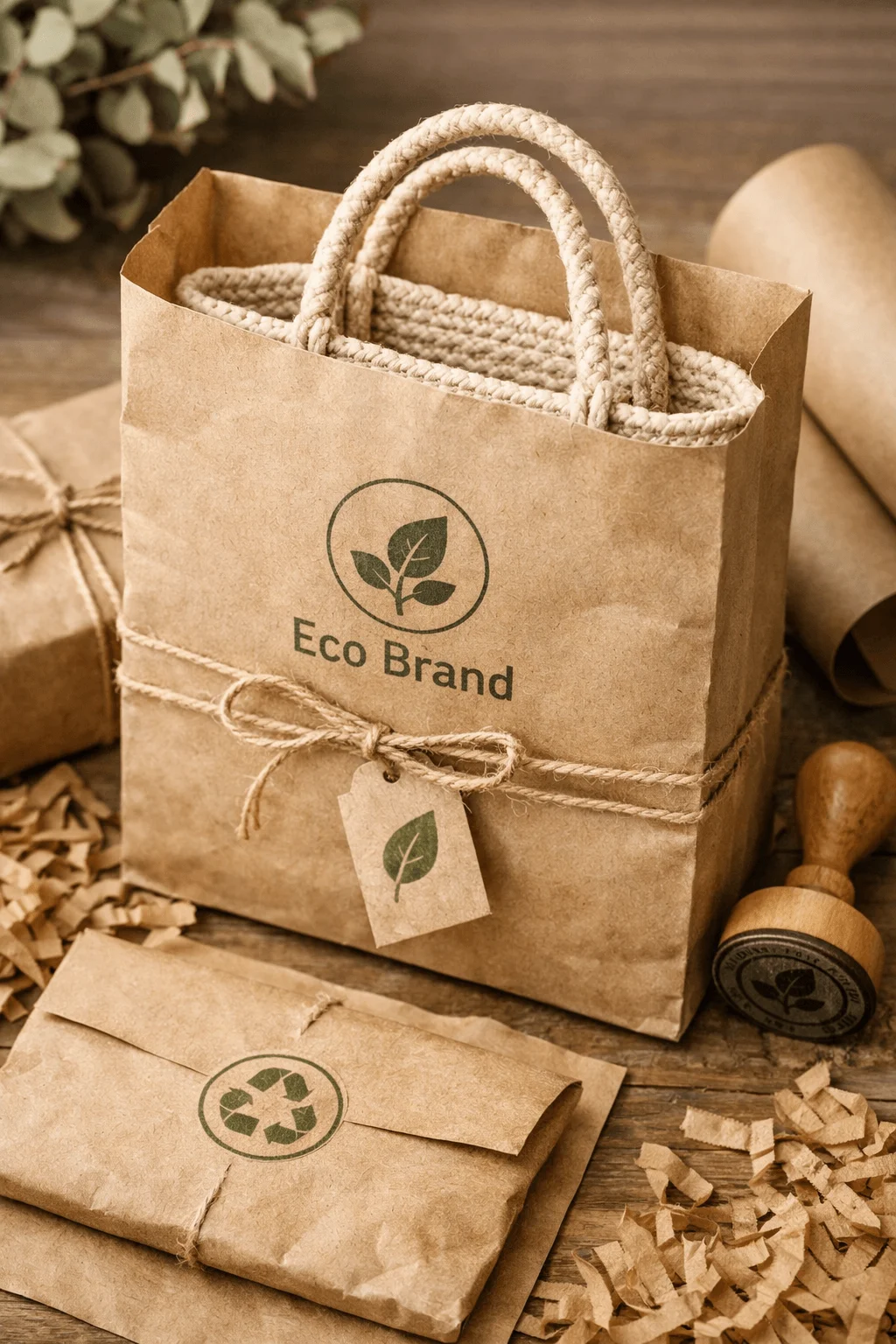 recycled kraft paper packaging for Recycled kraft paper packaging for bags with eco brand logo paper bag rope handles wrapped box recycled symbol paper and natural twine on wooden surface