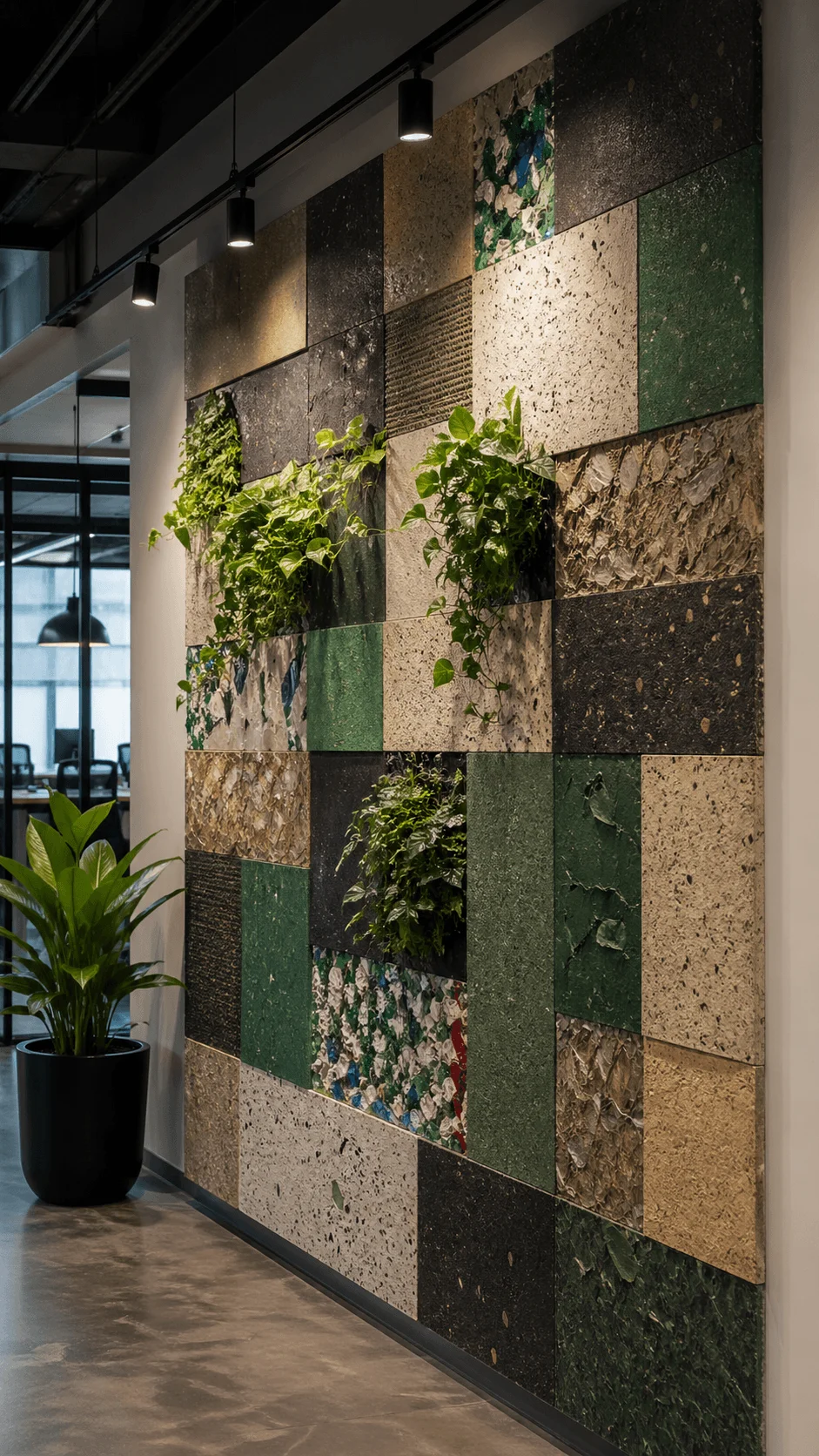 Modern office wall made of recycled material panels with integrated greenery featuring textured surfaces indoor plants and sustainable interior design