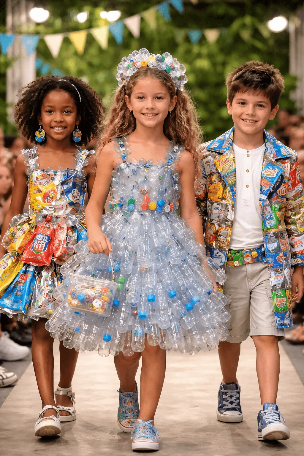 Kids walking a runway wearing outfits made from recycled plastic bottles and packaging materials in a colorful eco themed fashion show