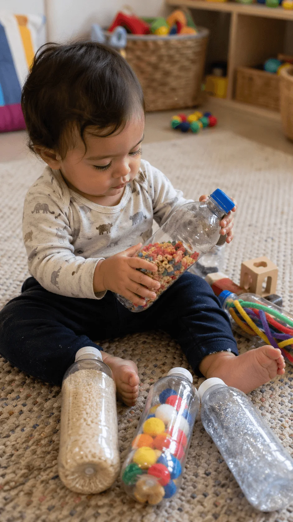 Toddler playing with recycled sensory bottles filled with rice pom poms beads and pipe cleaners on a carpeted floor