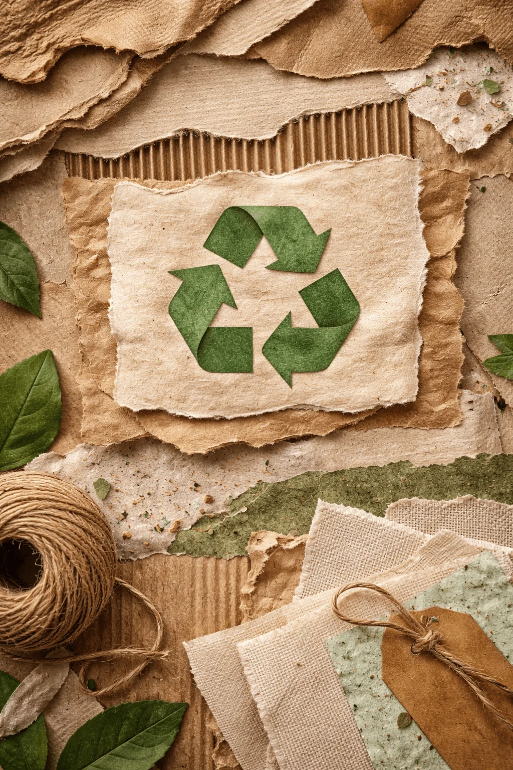 Layered recycled paper textures with a green recycling symbol surrounded by cardboard fabric twine and leaves creating an eco friendly handcrafted composition