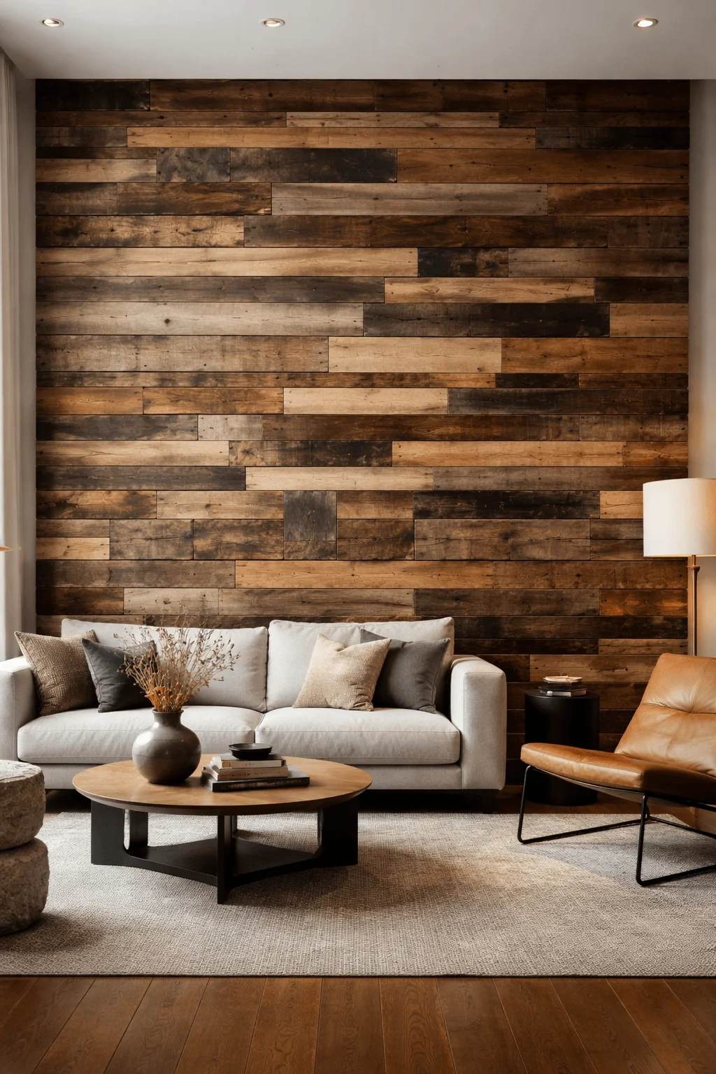Living room with a feature wall made of recycled wood planks in varied tones paired with a neutral sofa leather chair wooden coffee table and soft decor creating a warm textured and inviting space