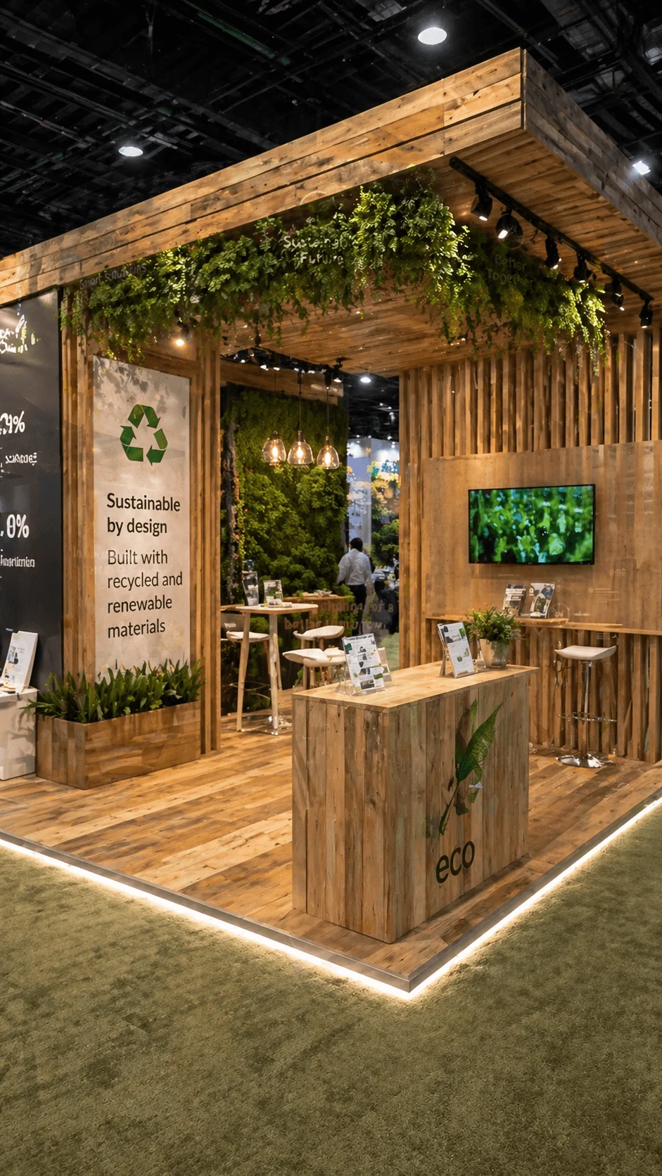 Sustainable exhibition booth built with recycled and renewable wood materials featuring greenery accents eco messaging display counter and modern natural design
