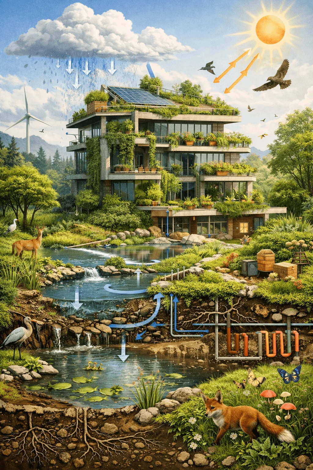 regenerative architecture illustration showing eco friendly building with solar panels rainwater harvesting natural water cycle geothermal system lush vegetation and wildlife integrated into sustainable living design
