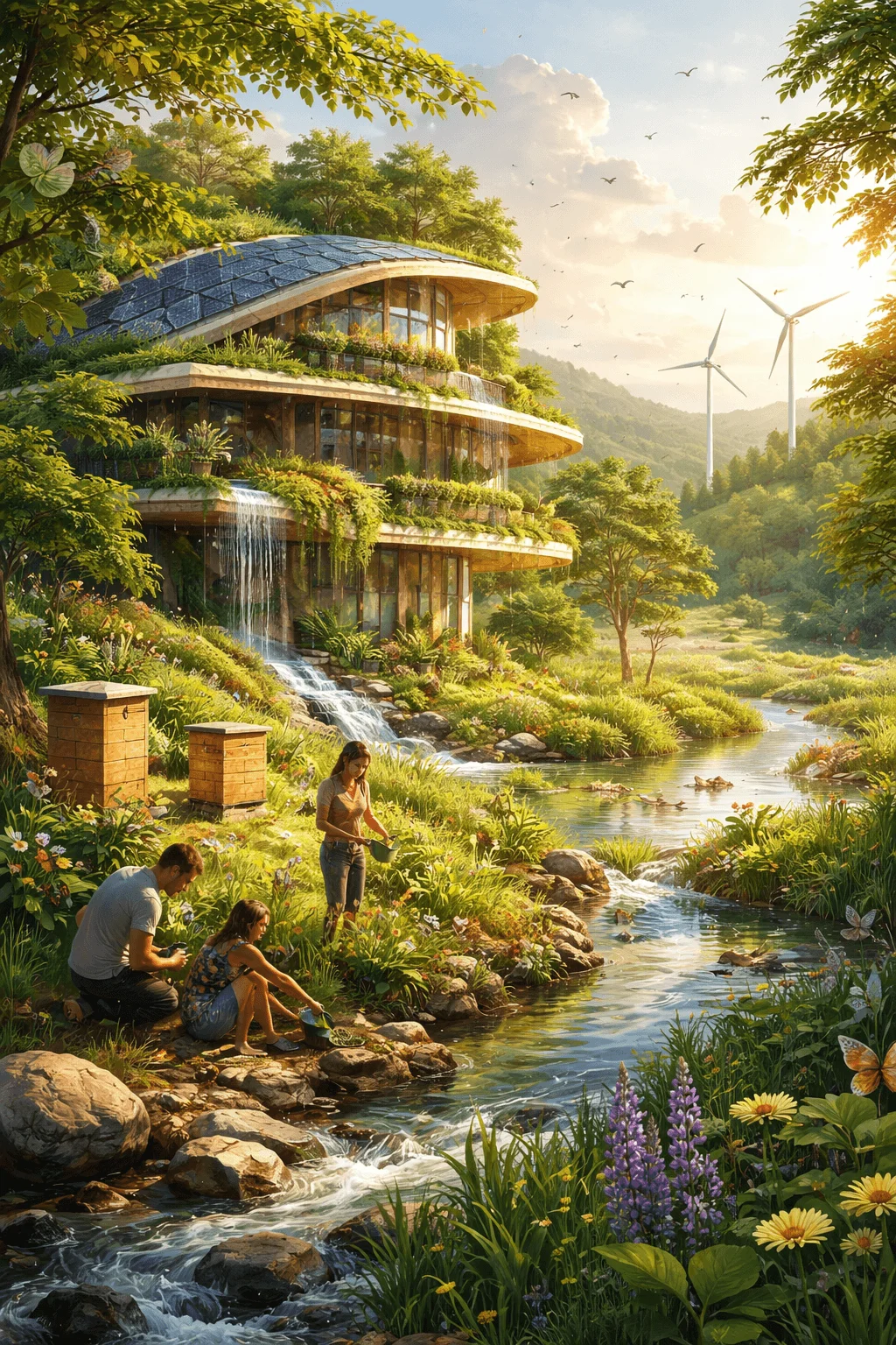 Regenerative design concept showing a lush eco friendly multi level house with green roofs and cascading water features surrounded by vibrant vegetation a flowing stream and wind turbines in the background with people planting and caring for the landscape