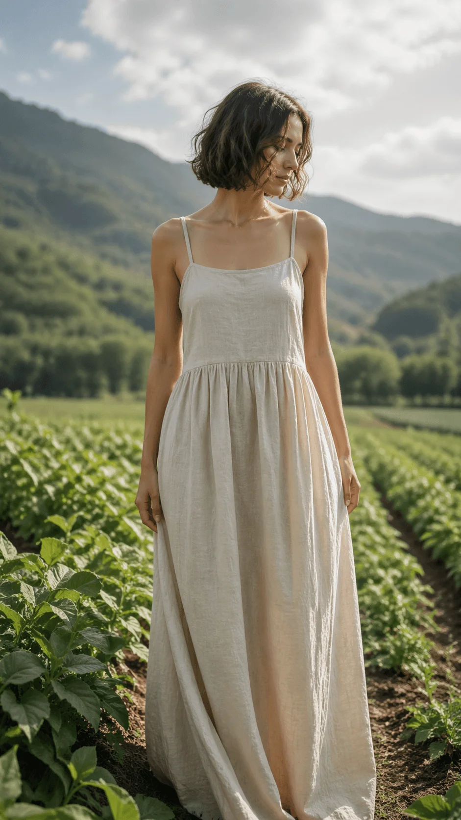 Woman wearing a simple natural fabric dress standing in a green agricultural field with mountains in the background representing regenerative fashion and sustainable clothing design